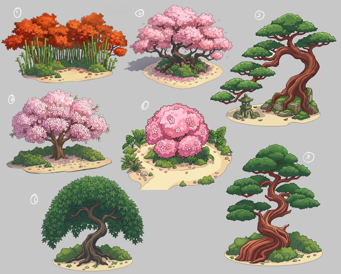 Sheet of island foliage concepts for BellyBrawl arenas