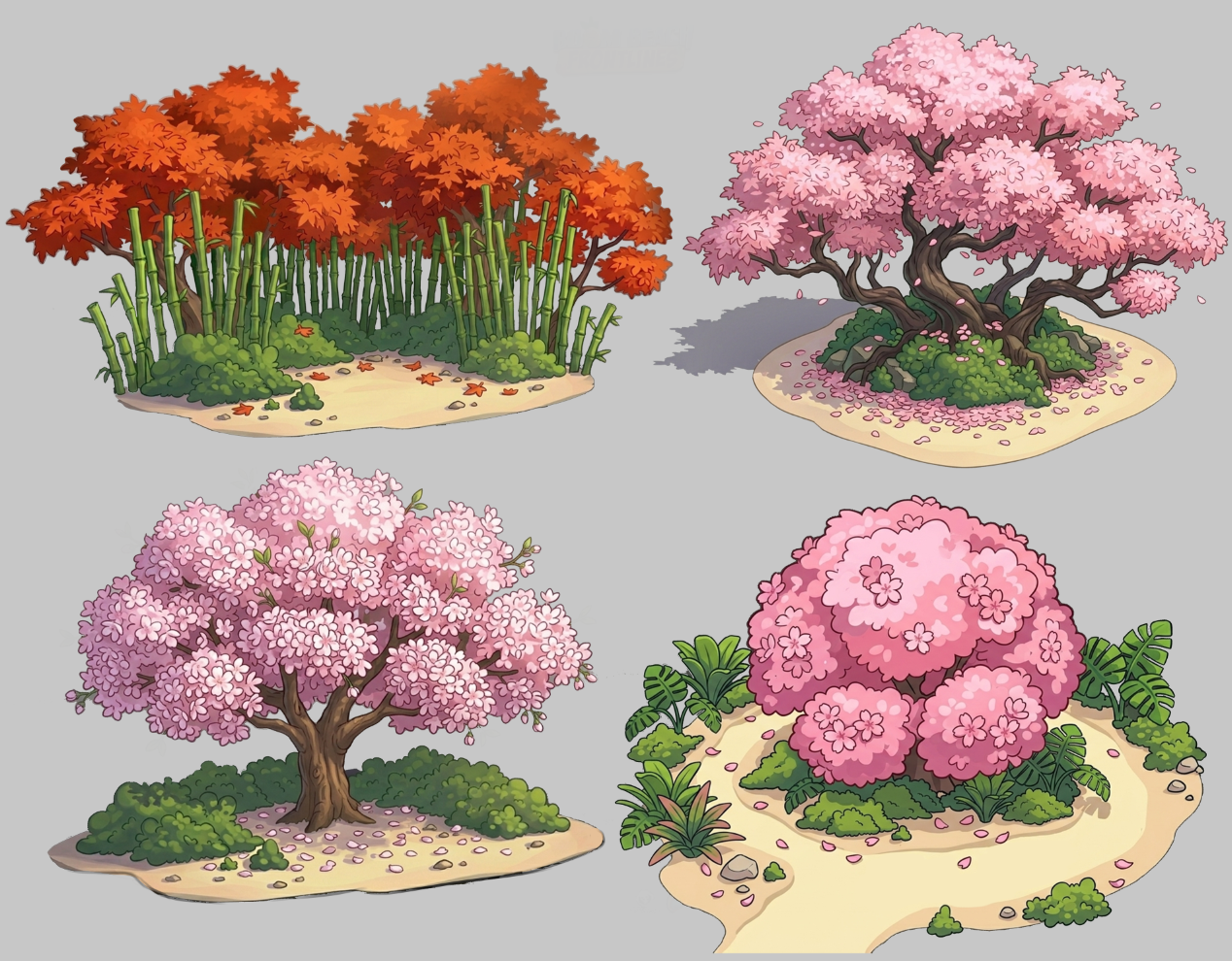 Concept art of cherry blossom and bonsai trees