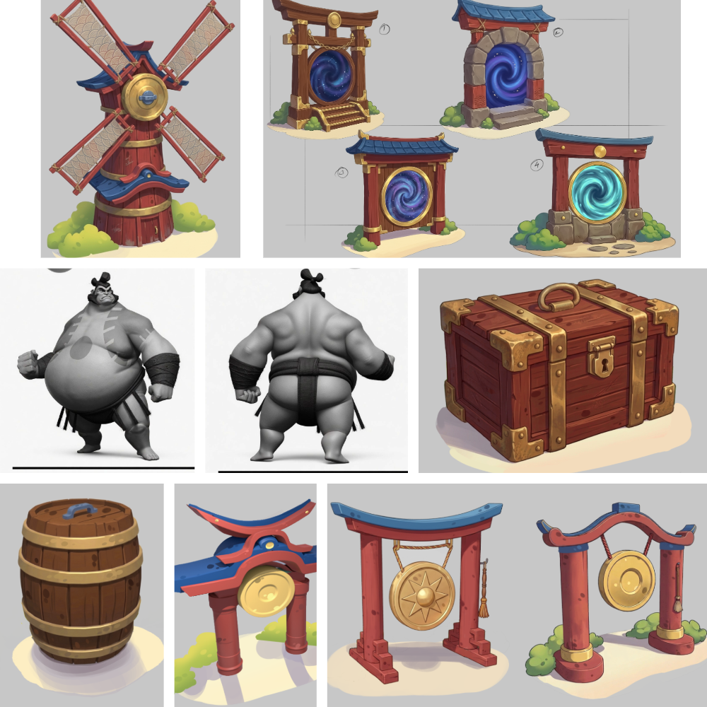 Concept sheet of windmills, portals, chests and gongs