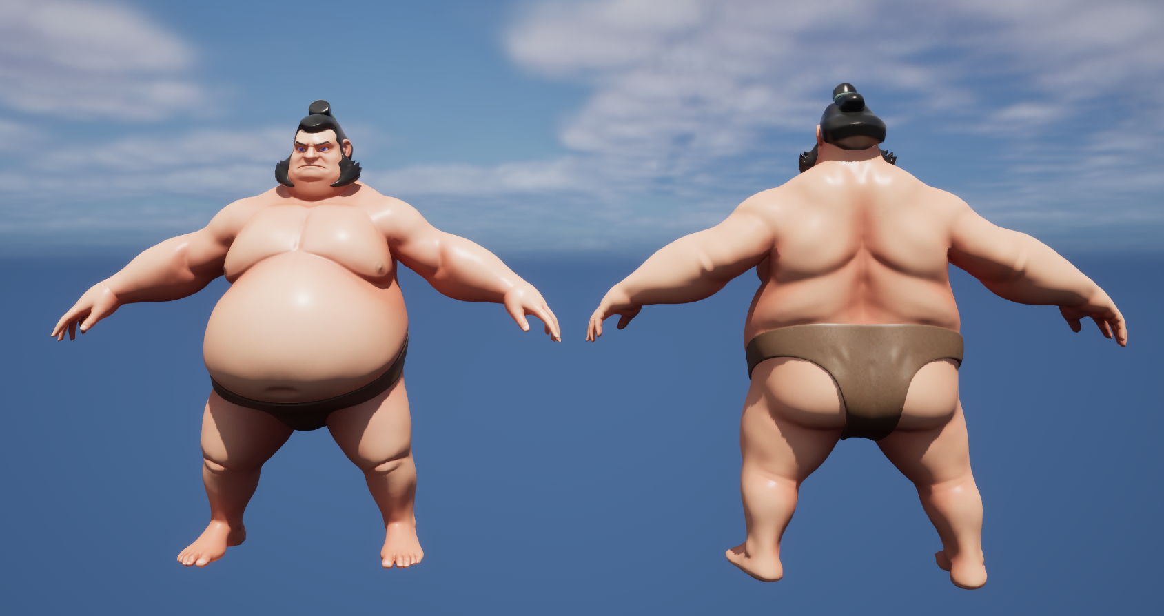 Front and back views of a BellyBrawl sumo character model